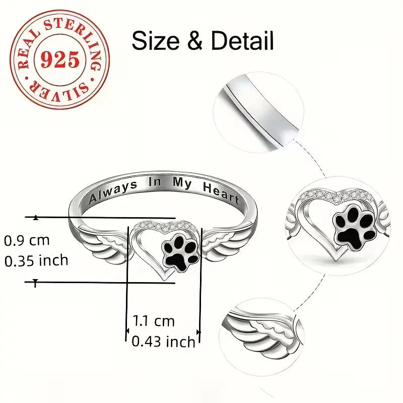 Animal Paw Print Heart Wing Ring